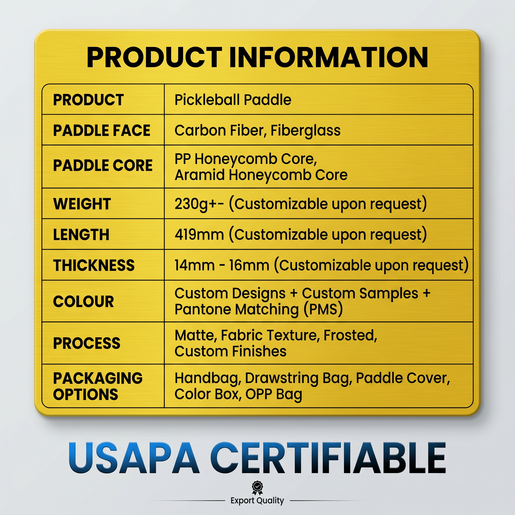 Product information for custom pickleball paddle materials, core, weight and packaging