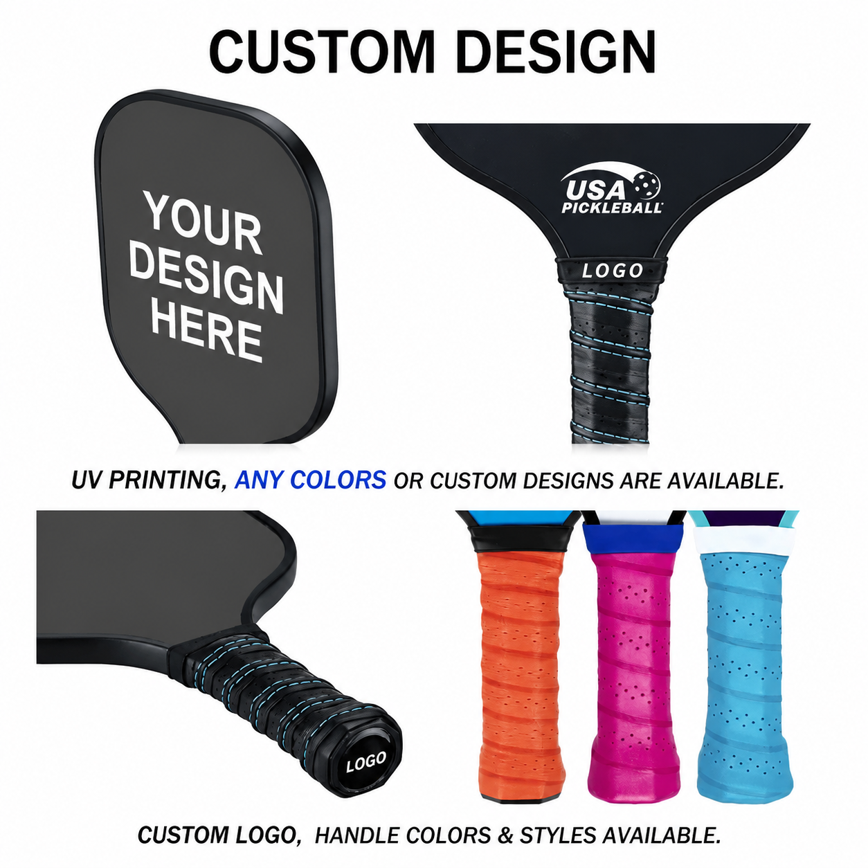 Custom pickleball paddle design, logo printing and handle color options