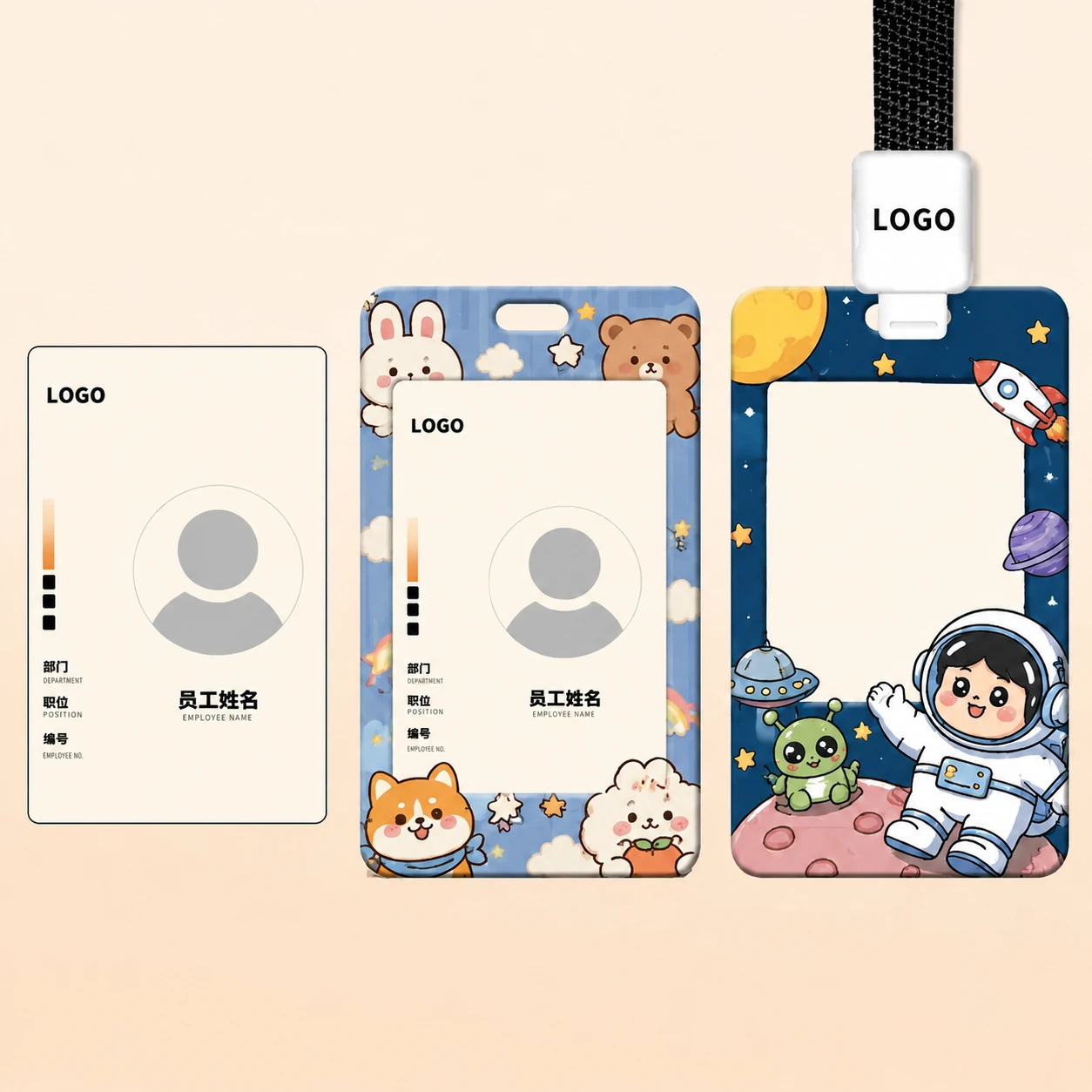 Custom ABS open-face card holder design options with logo and badge layout