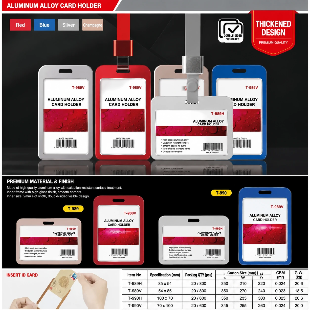 Aluminum alloy card holder options with lanyard and badge display details