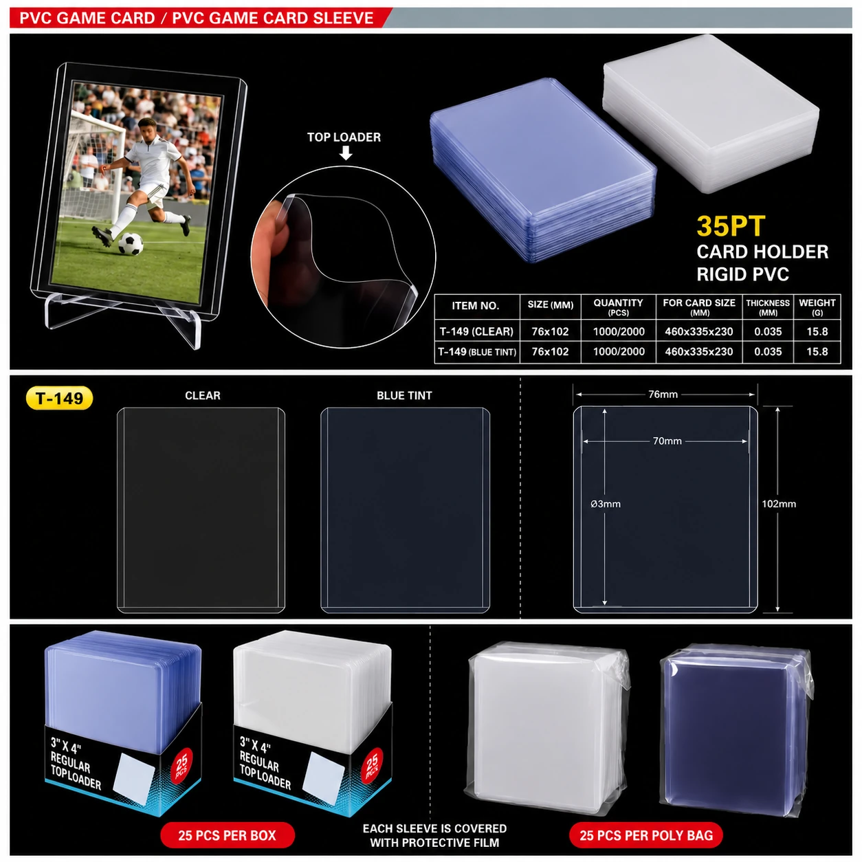 Rigid PVC game card sleeve and standard card holder size reference