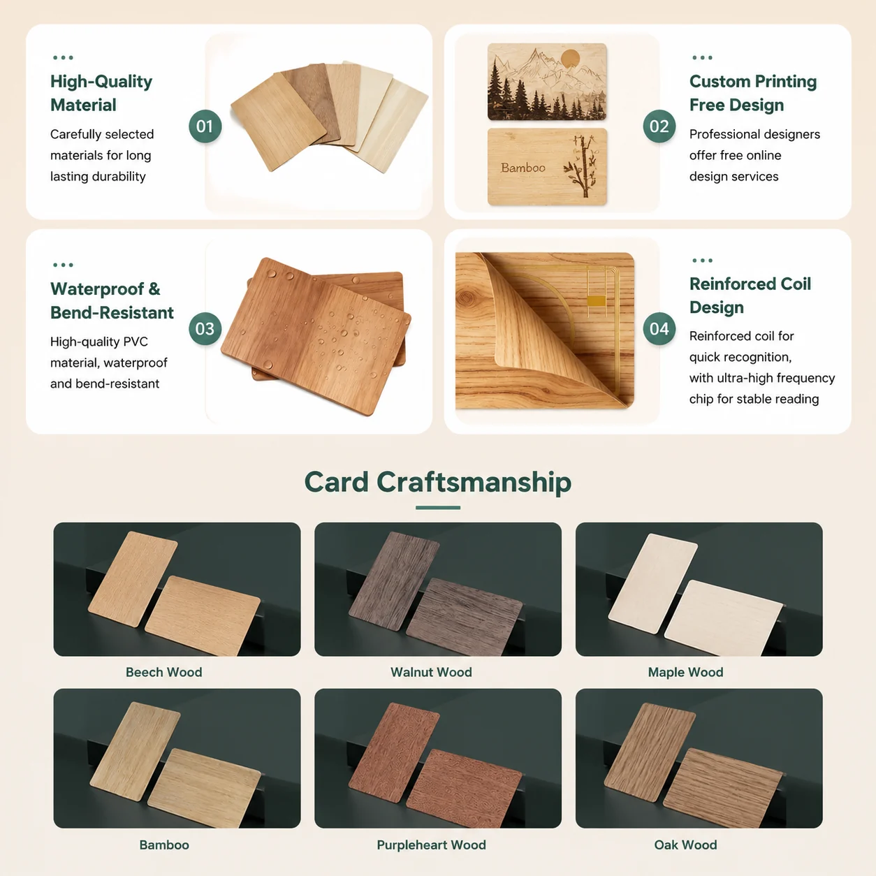 Wooden card features and classification for custom card production