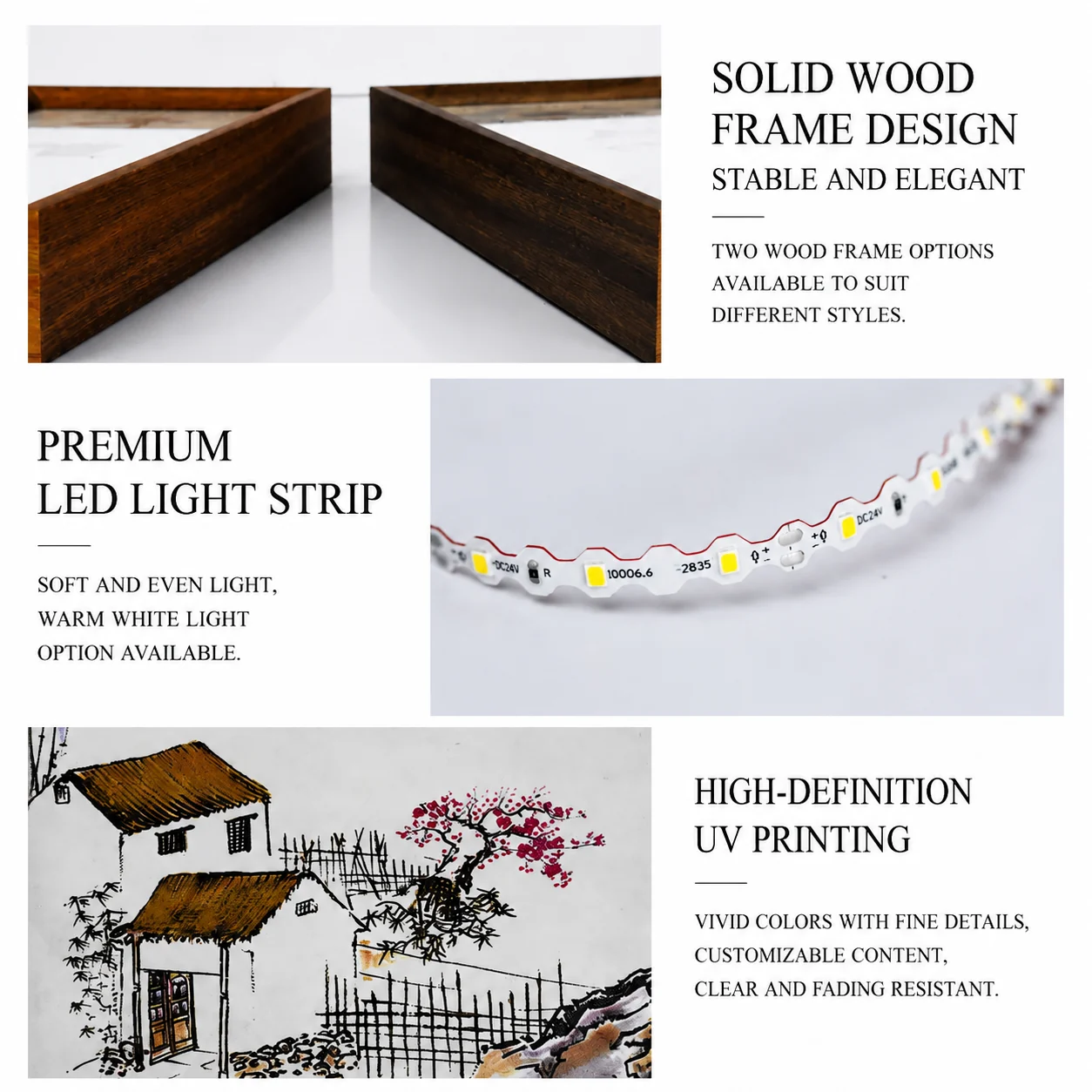 Door signage material details with solid wood frame LED light strip and UV printing