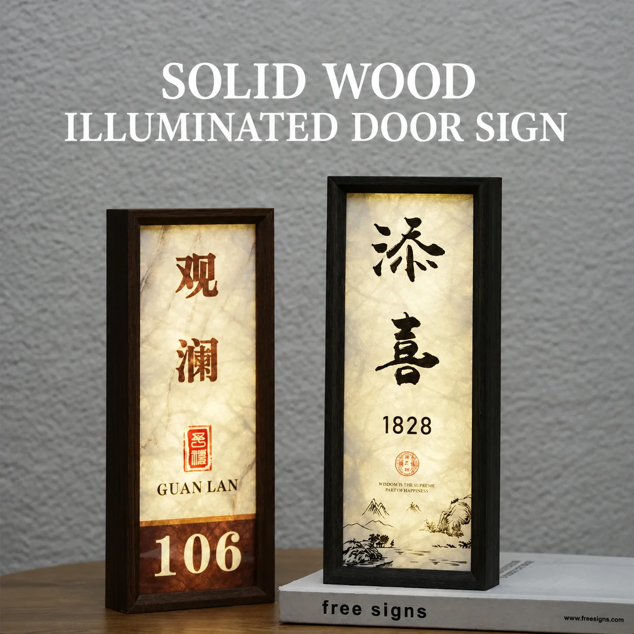 Solid wood illuminated door sign for hotel club and premium interior signage