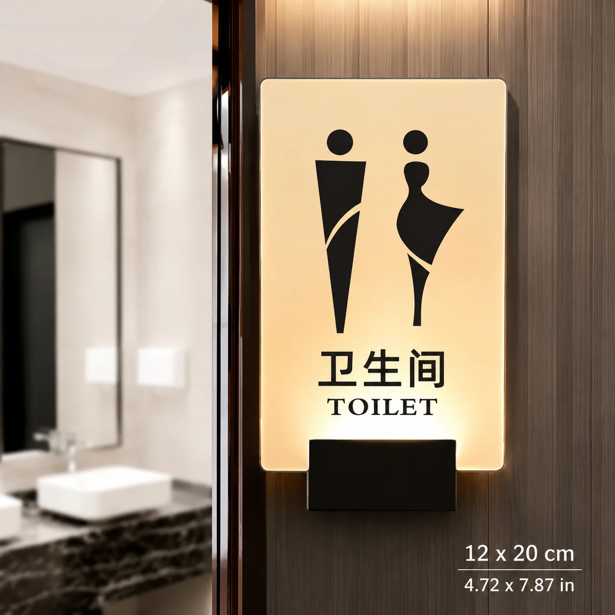 General toilet door sign with illuminated acrylic panel and custom text