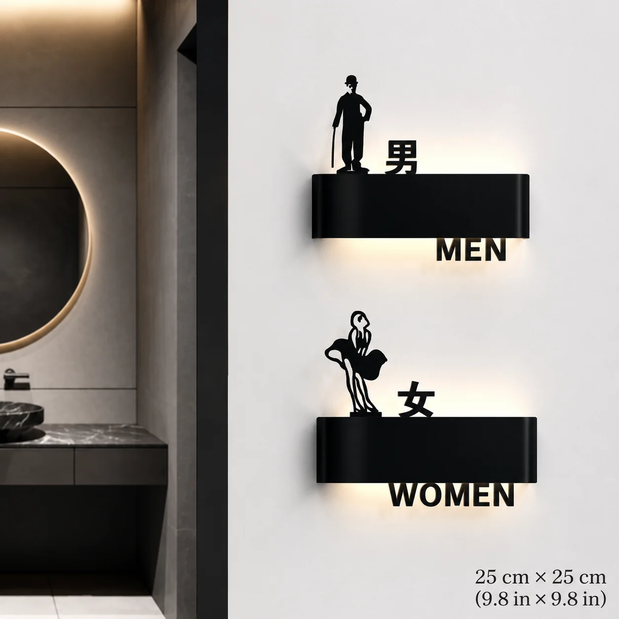 Men and women restroom signage with warm backlight and customizable text