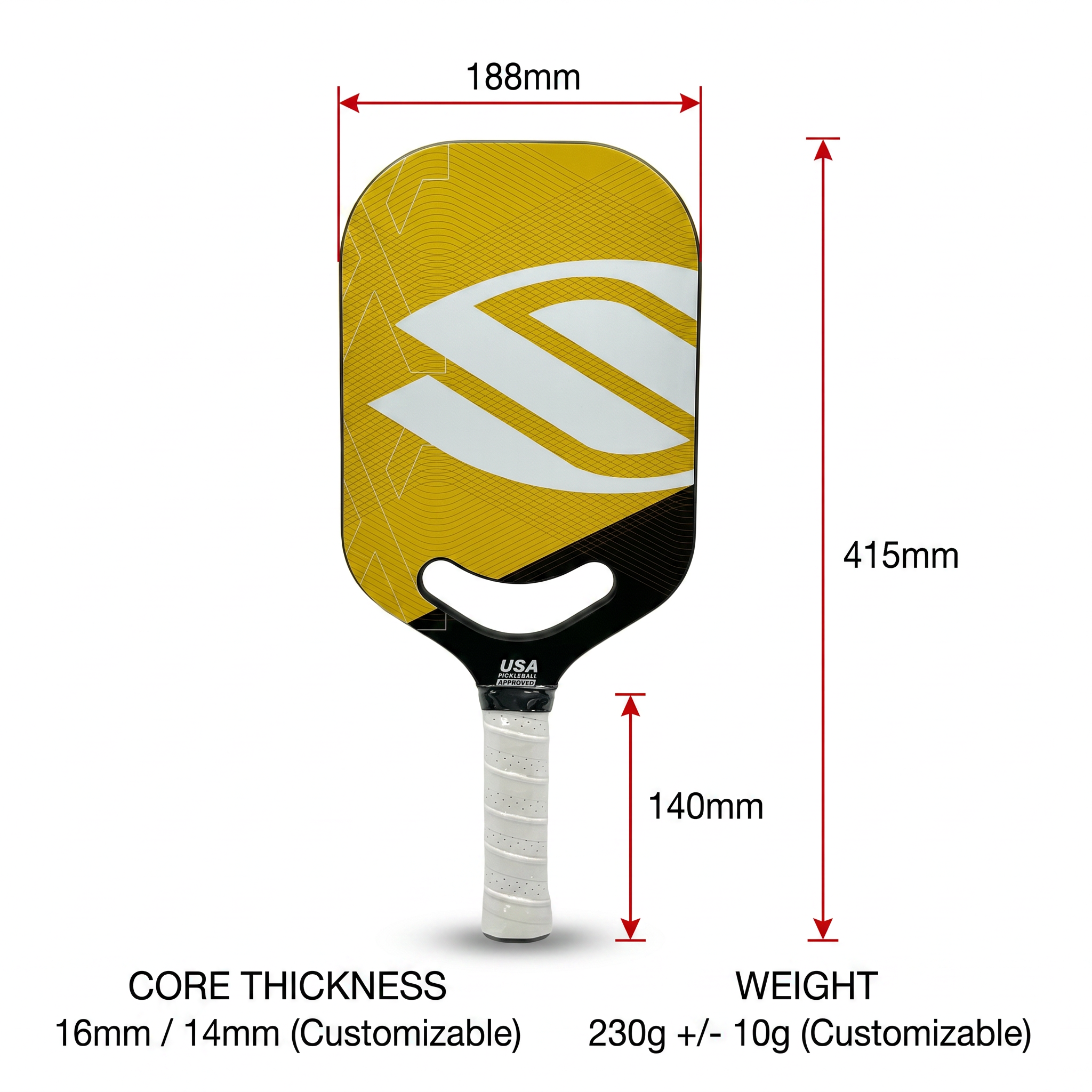 Custom pickleball paddle dimensions, thickness and weight options