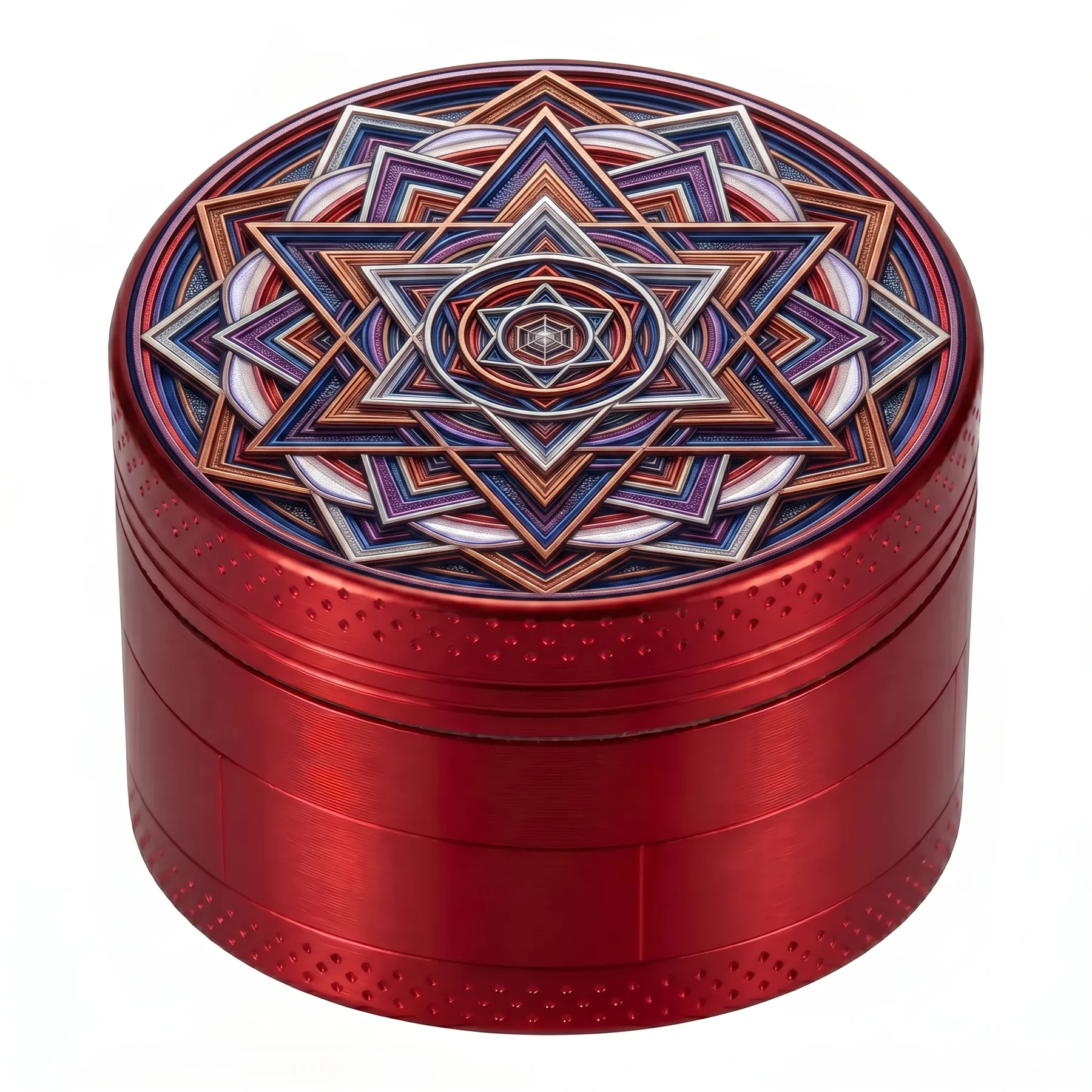 Custom UV printed metal accessory with geometric top artwork